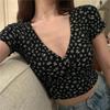 2024 Women's Floral Deep V-Neck Crop Top: Short-Sleeve Casual Summer Shirt