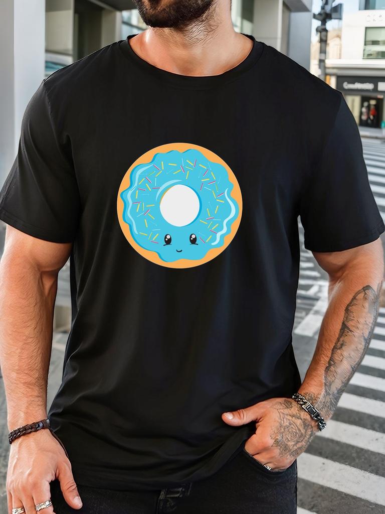 Unisex Yellow Crew Neck Tee Cute Blue Glaze Donut Cartoon With Color Sprinkles Sweet Dessert Soft Cotton Male Casual Short Tops