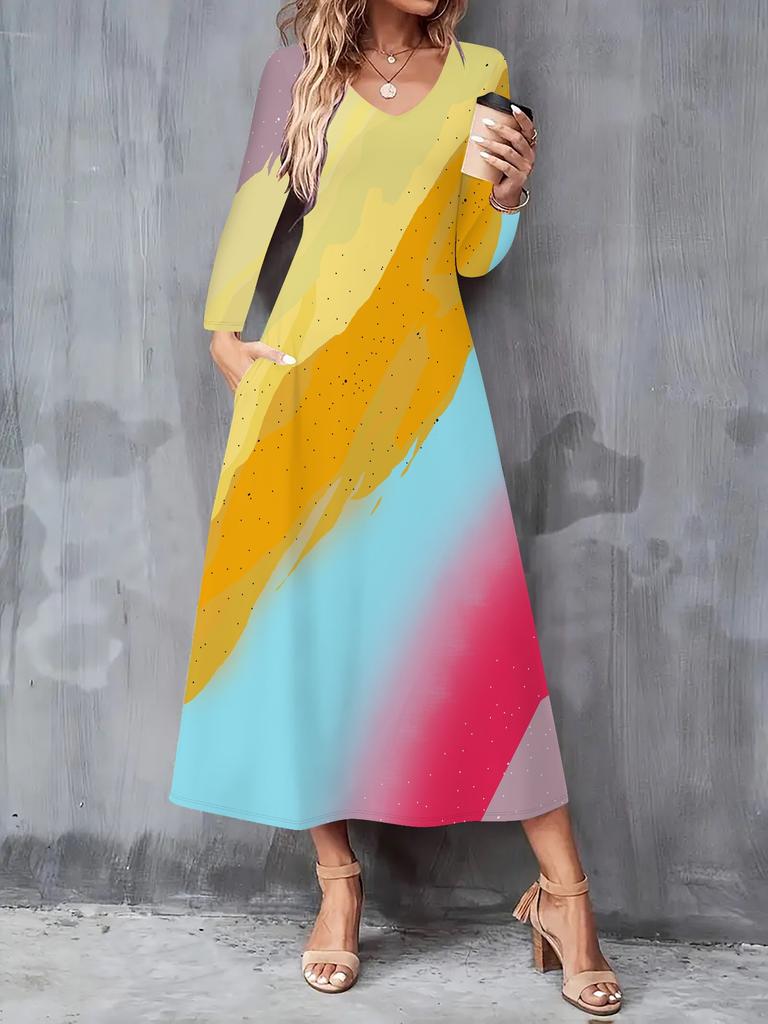 2025 Autumn and Winter New Women Casual Fashion Dress 3D Retro Pattern Print  Long Sleeve V-Neck A-Line Dresses