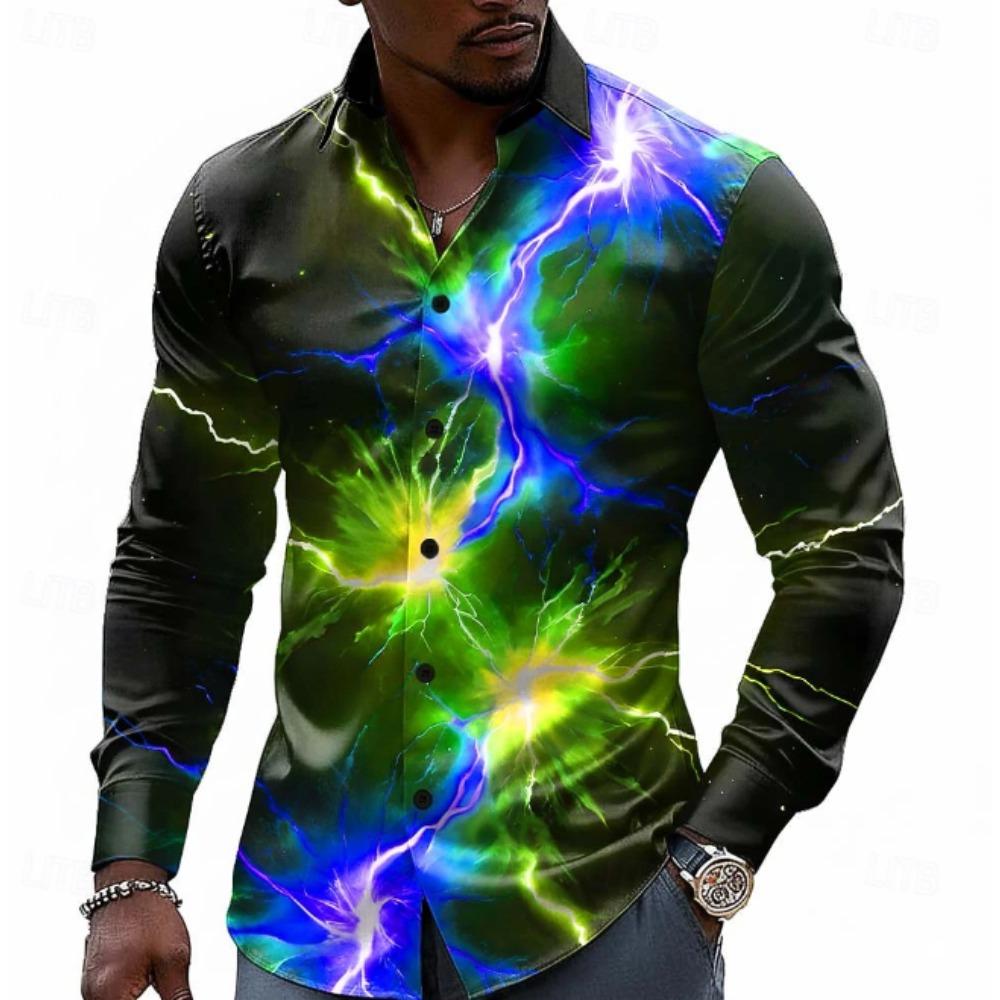 Camisas de manga larga con estampado de relámpagos para hombre, cárdigan informal, nuevas camisas de moda con botones para las fiestas