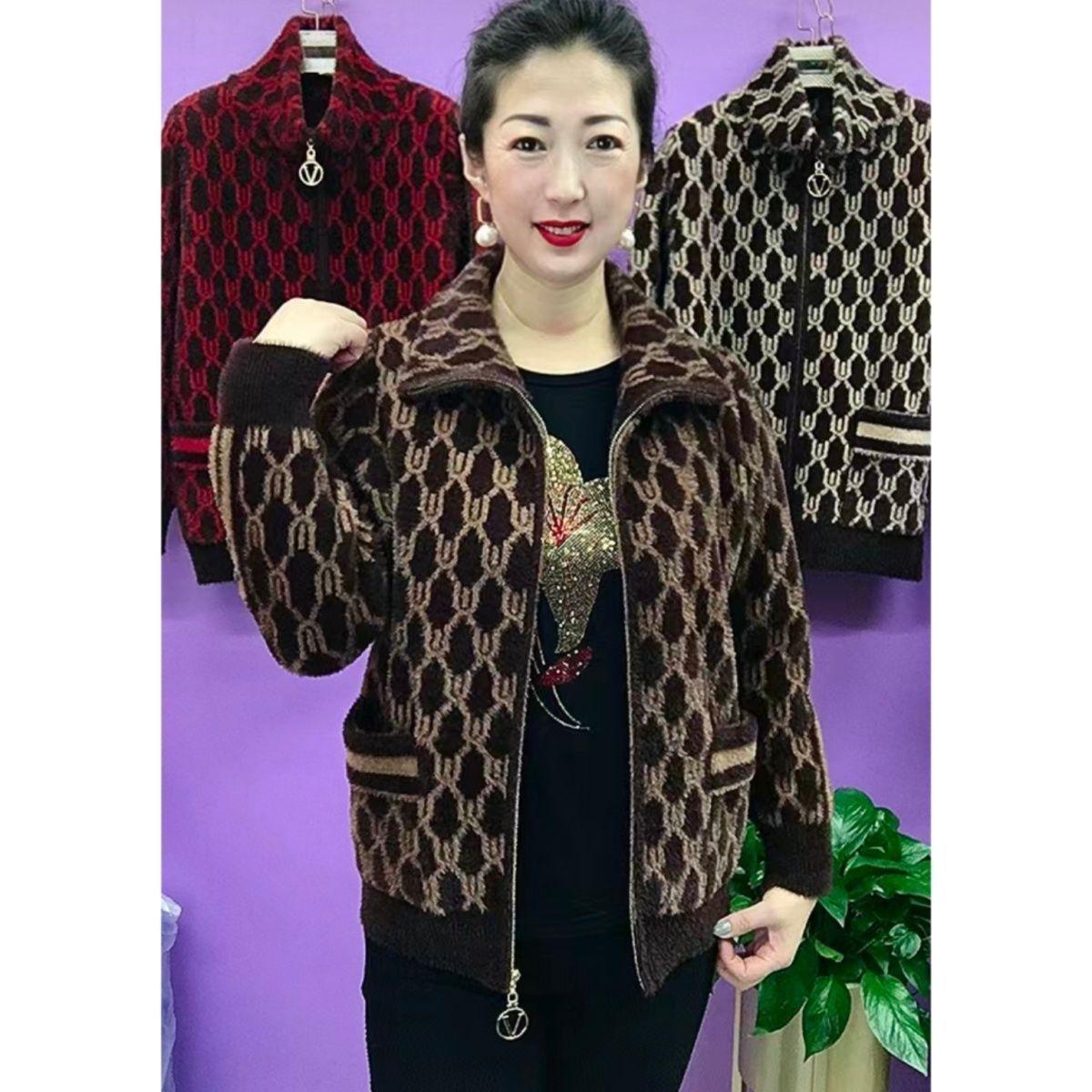 

Пальто з імітації норки середнього віку для літньої матері, жіночий осінньо-зимовий кардиган на блискавці з теплим коміром-стійкою 6XL верблюд