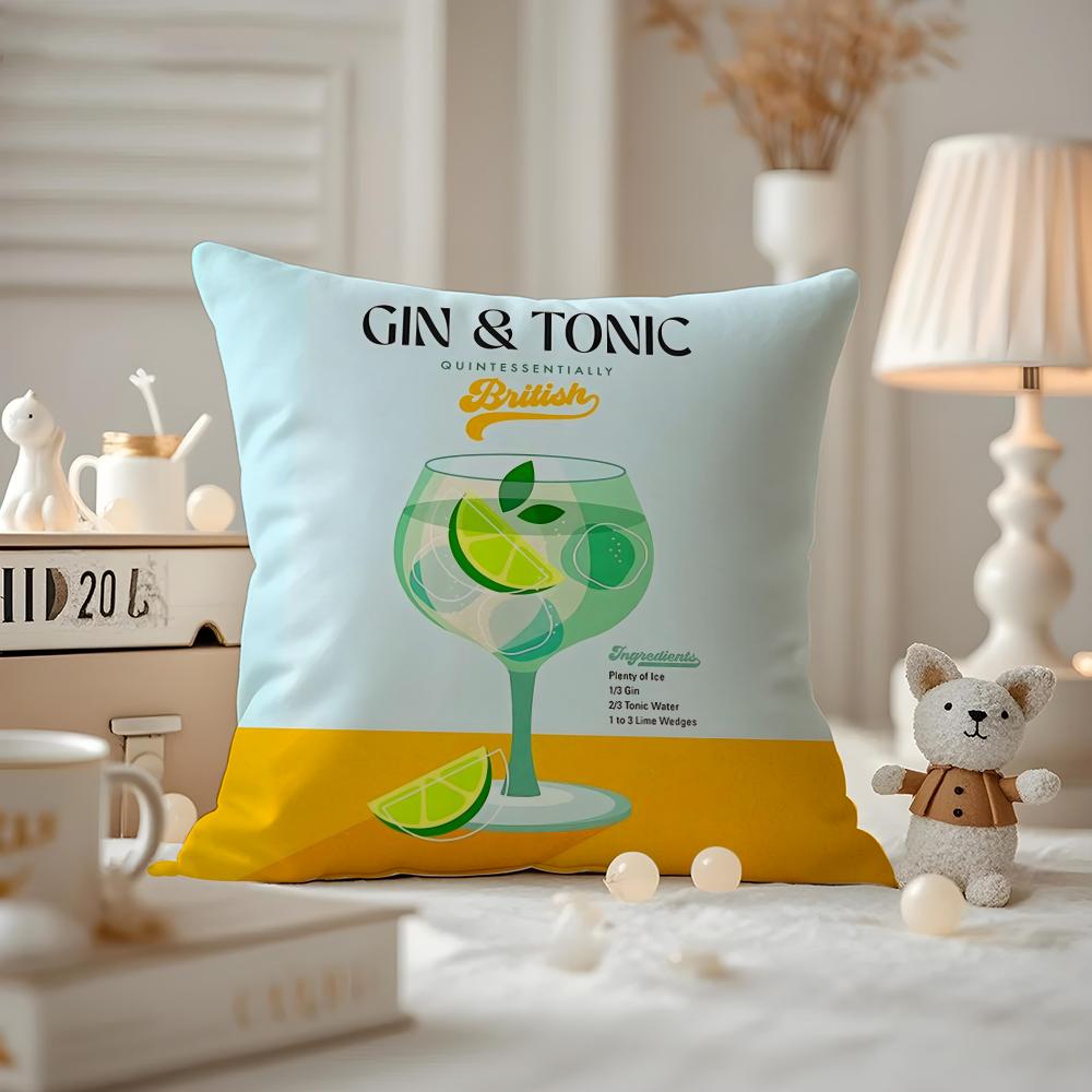 Gin& Tonic Cocktail Painting Cushion Cover Anti-dustmite Pillowcase Invisible Zipper Silky Short Plush Sofa Cushion Cover
