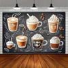 Rustic Coffee Art Tapestry, Assorted Lattes, Cappuccinos and Mocha Drinks with Chalkboard Sketches, Cozy Cafe Wall Art