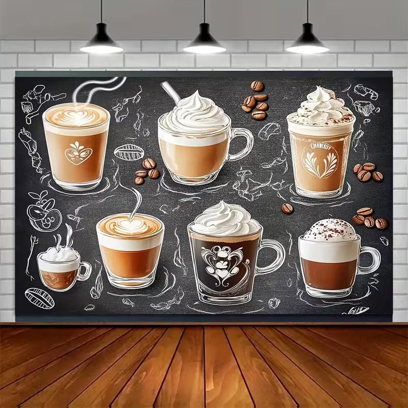 Rustic Coffee Art Tapestry, Assorted Lattes, Cappuccinos and Mocha Drinks with Chalkboard Sketches, Cozy Cafe Wall Art