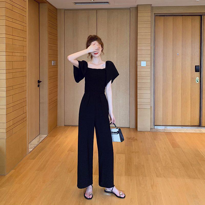Elegant Petite Black Short Sleeve Slimming Jumpsuit with Square Neck and Wide Leg Pants - Summer 2026 Collection