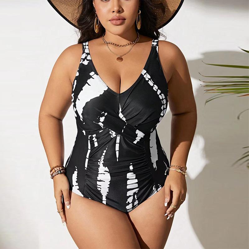 2024 Übergröße Schwarz & Weiß Schlankmachender Einteiliger Bikini für Damen