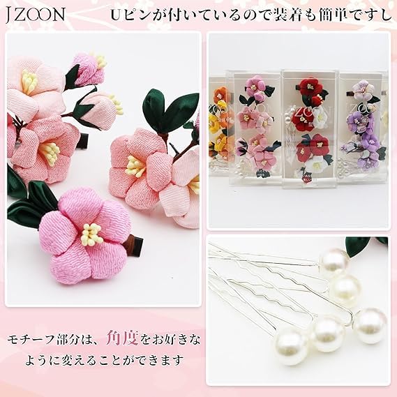 JZOON Hair Ornament Set with Tsumami Zaiku Colors Perfect for and 3-Piece (5 Available) - Camellia, Pearl, Handmade, Coming-of-Age Ceremonies,
