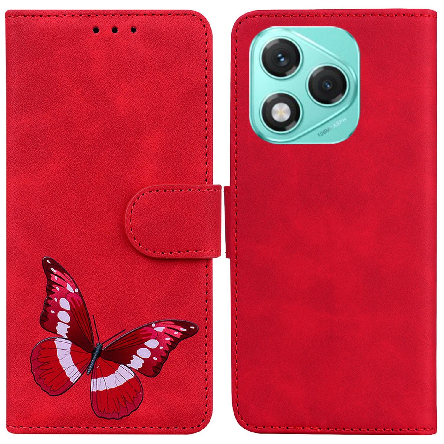 

For Honor 400 Lite Stand Case PU Leather Phone Cover Butterfly Printed Red