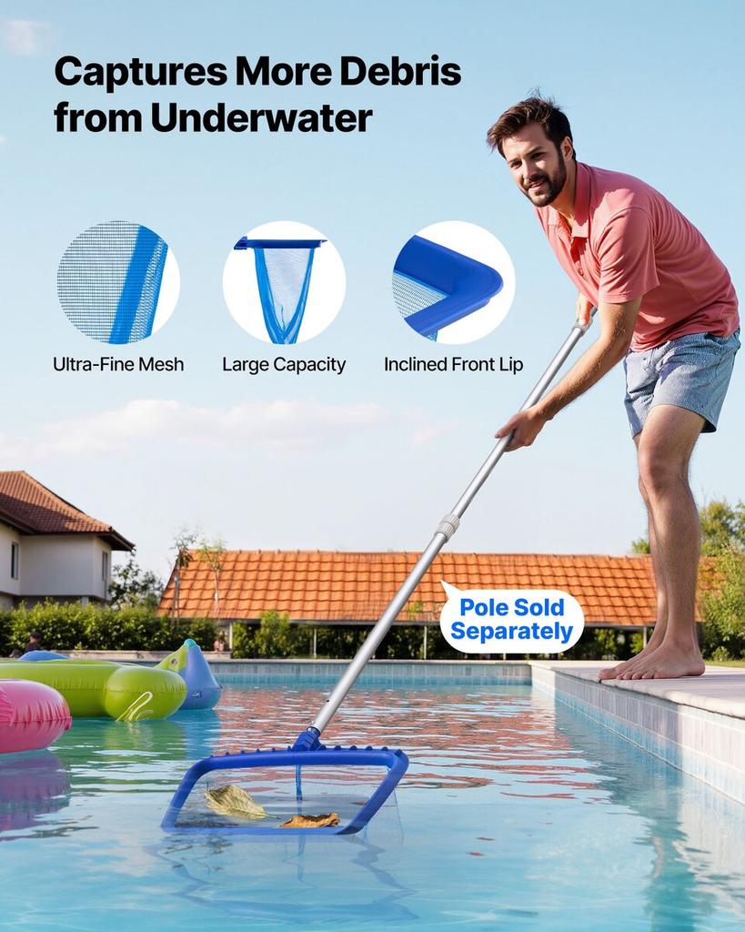 Swimming Pool Cleaning Kit, Includes 2 Detachable Brush Heads (508 Mm / 139.7 Mm) and 2 Pool Skimmer Nets, 4-in-1 Inground/Above Ground Pools Cleaning
