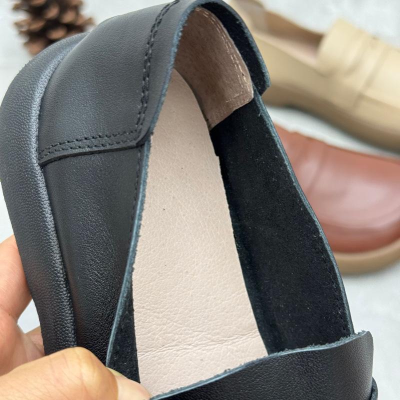 Johnature Handmade Genuine Leather Loafers Vintage Round Toe Flat Women's Slip-on Shoes
