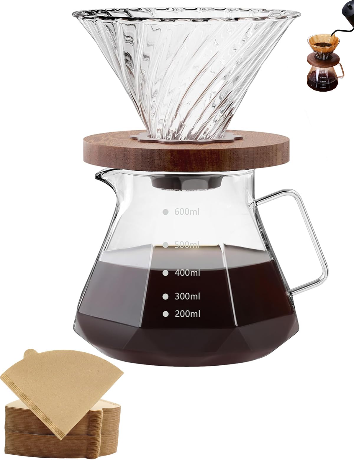 

Стеклянный кофейник с деревянной мерной шкалой 600 мл, совместимый с V60, для подачи кофе, капельный, подходит для микроволновой печи, для коммерческого использования