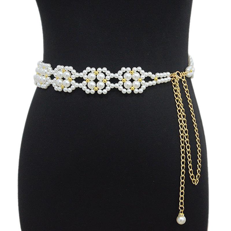 

Meier Thin belt, waistband, casual glass pearl flower woven chain, skirt waist chain 115cm