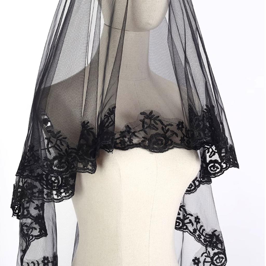 Mørkt slør Blonder Slør Mantilla Hodeplagg Bryllup Hårtilbehør Svart Bryllupsslør Skjerf Blonder Svart Slør