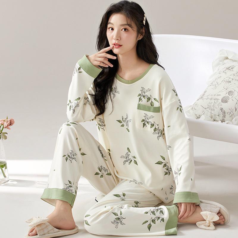 Dámské bavlněné pyžamo s dlouhým rukávem s kresleným potiskem na rok 2024: Tenký, nositelný venku, ideální pro podzim/zimu/jaro