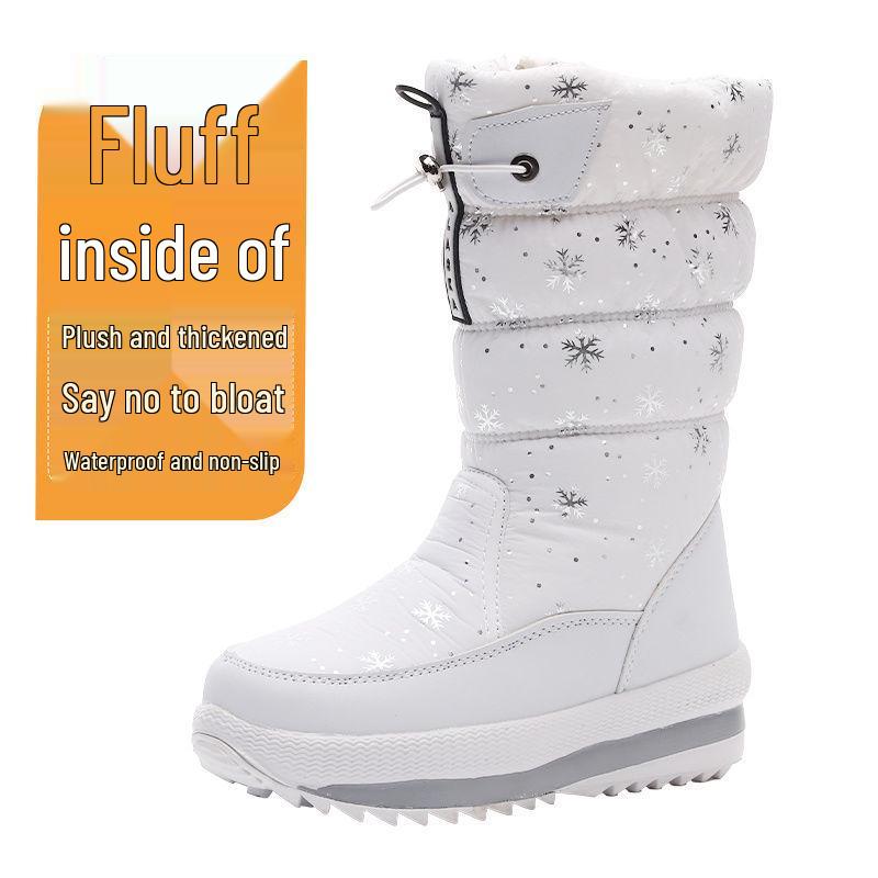 Women's White Waterproof Non-Slip Fleece-Lined Snow Boots - Korean Style, Plus Size, Cotton, Thickened Winter Footwear