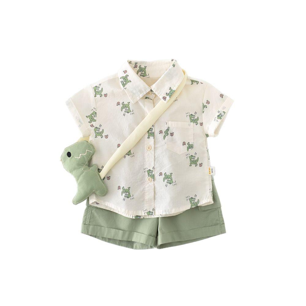 Summer boys cartoon short-sleeved two-piece set, baby and toddler full-printed little dinosaur set, free strap doll.