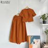 ZANZEA Women Short Sleeve Blouse and Pants Summer Two Piece Suit Sets