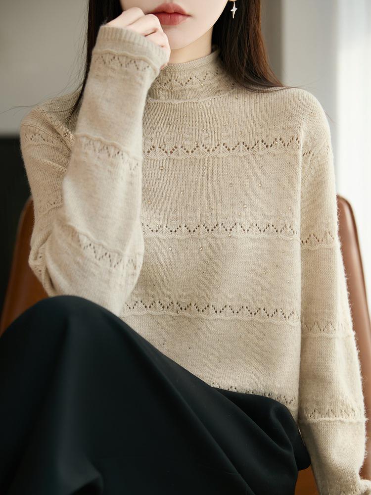 Vintage-Inspired Heavy Crochet High Neck Women's Pullover Sweater, Stylish and Warm Base Layer Top for 2026