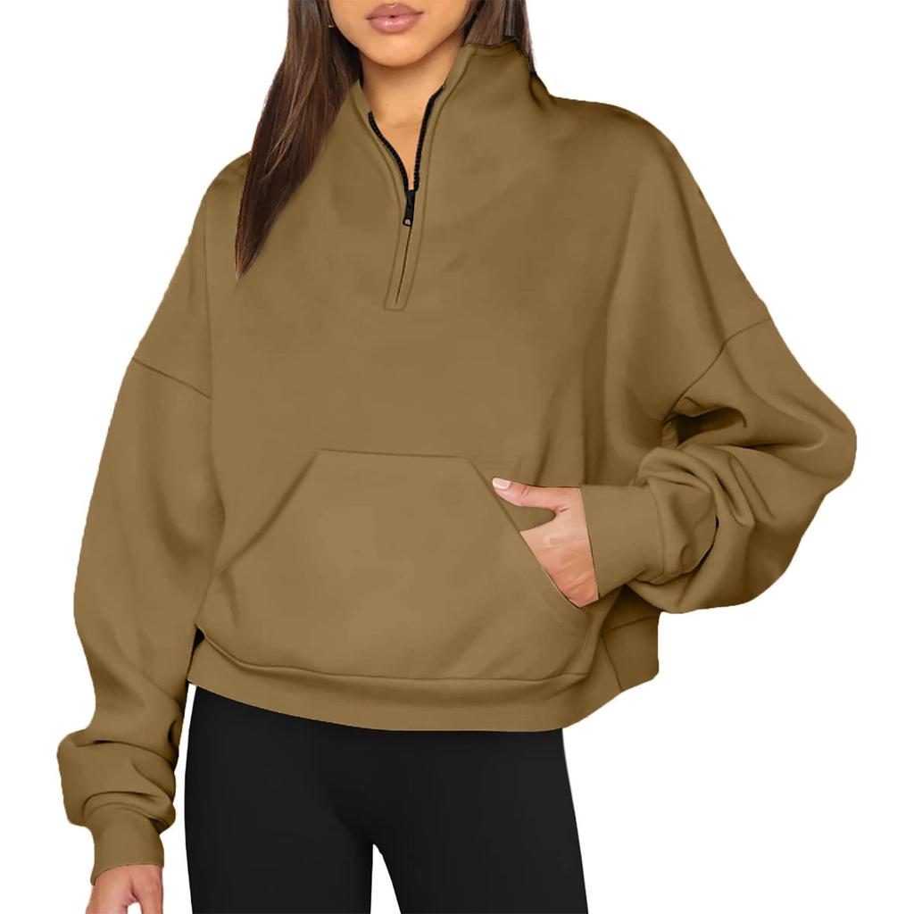 Women's Casual Fashion Long Sleeve Solid Color Zip Pocket Sweatshirt Top