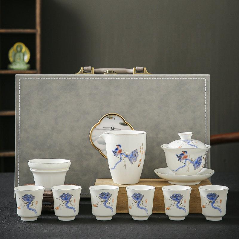 White Porcelain Full Set of Kung Fu Ceramic Tea Set Household Set Gift Box Suet Jade Business Gift Box a Set of Chinese High-end