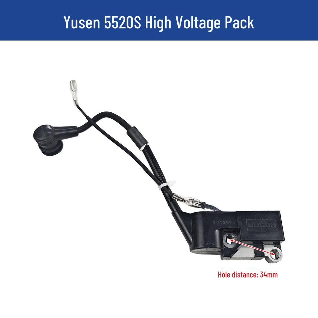Yusen Chainsaw 5520 Parts: Cylinder, Carburetor, Clutch, Drive Disc, Pull Starter, Ignition Coil, Air Filter.