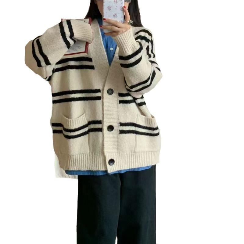 Lazy Wind Striped Autumn and Winter New Women's Clothing Pocket Knitted Cardigan Women's Top Loose Sweater Jacket Women