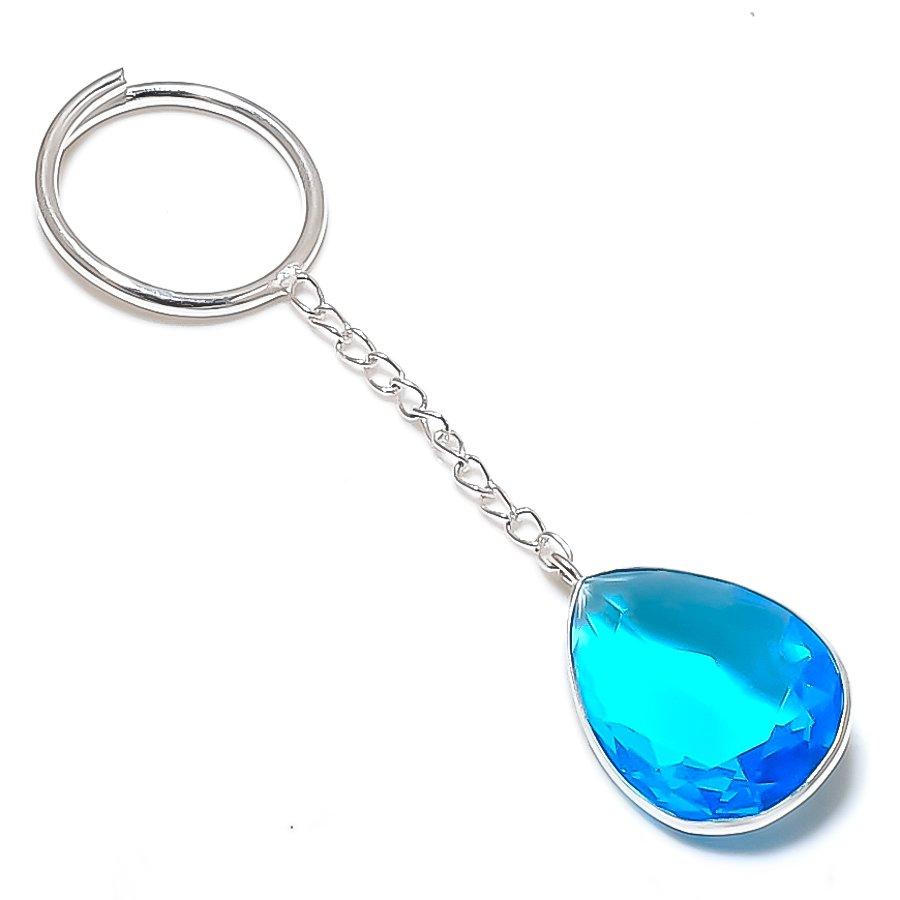 Natural Swiss Blue Topaz Gemstone 925 Sterling Silver Jewelry Keychain 3.15  ETC-13847