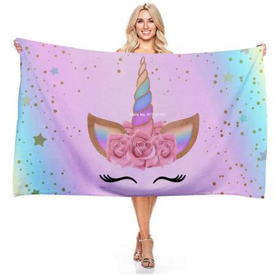Toalla de baño rectangular de dibujos animados con degradado de flores y unicornio, estampado digital 3D, para niños y niñas, para exteriores, para nadar, toalla de baño bibulosa