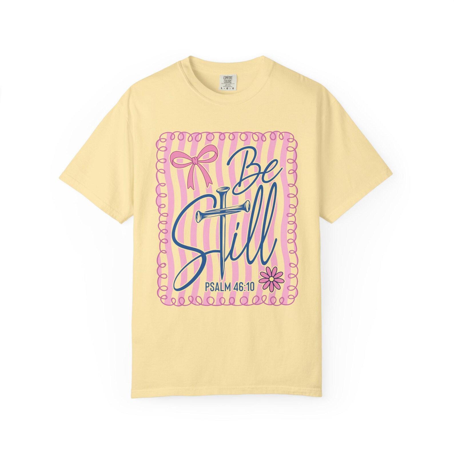 Be Still Psalm 46:10 T-Shirt | Pink Stripes Floral Faith Tee L