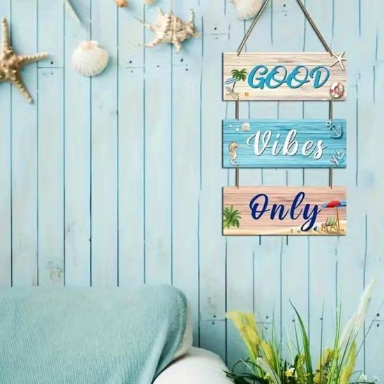 Strand-Thema Wandschild Nur Gute Vibes Holz-Hängeschild mit Hanfseil Küsten-Ozean-Stil Willkommensschild für Veranda Zaun Außen Innen Dekoration
