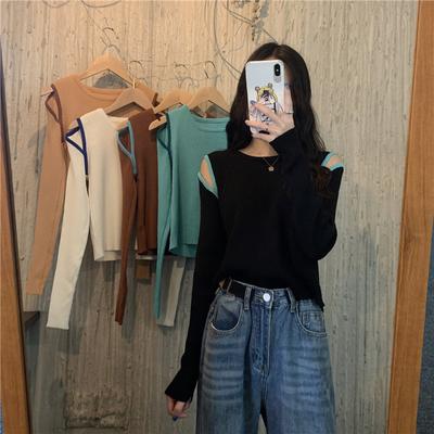 Pullover Damen Herbst Neuer Stil Innenliegender Unterteilpullover Pullover Schulterfrei Langärmlig Kurz Studentenoberteil für Damen