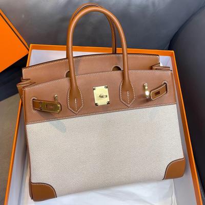 Casual Versatile Contrasting Canvas Bag With Top Layer Cowhide Platinum Bag 25cm Hand-held Shoulder Bag For Women