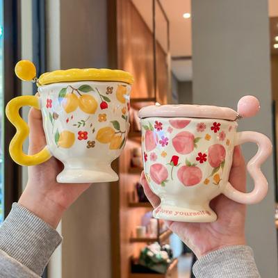 High-value Ceramic Cup with Lid and Spoon Girl Cute Fruit Mug Office Coffee Cup Birthday Gift