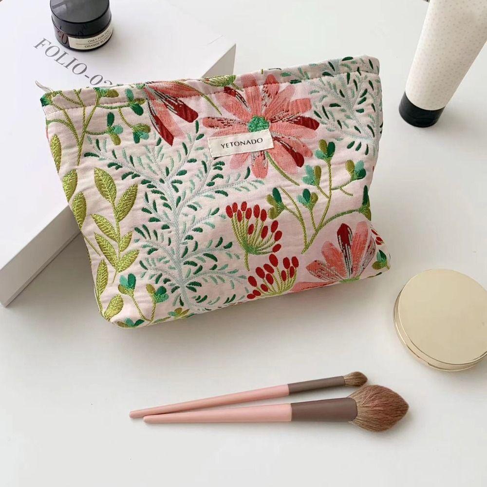 Polyester Canvas Flower Clutch Bag Large Capacity Zipper Closure Cosmetic Storage Pouch Portable Flower Pattern Makeup Bag