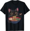 Schwarze Katze isst Ramen Grafik T-Shirt Japanischer Kawaii Anime Stil Lässiges T-Shirt für Herren