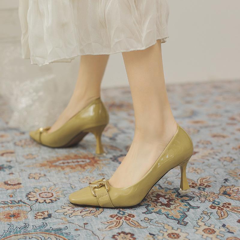 Fashion Patent Leather Square Toe Women Pumps Metal Chain Shallow Slip on Thin High Heels Party Office Pumps Autumn Fashion Work Shoes
