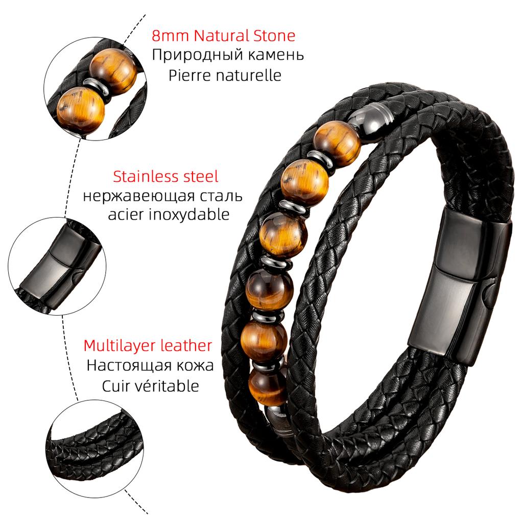 Trendy Multilayer Leather Bracelets For Men Women 9 Style Round Stone 8mm Beaded Jewelry Valentine Day Gifts