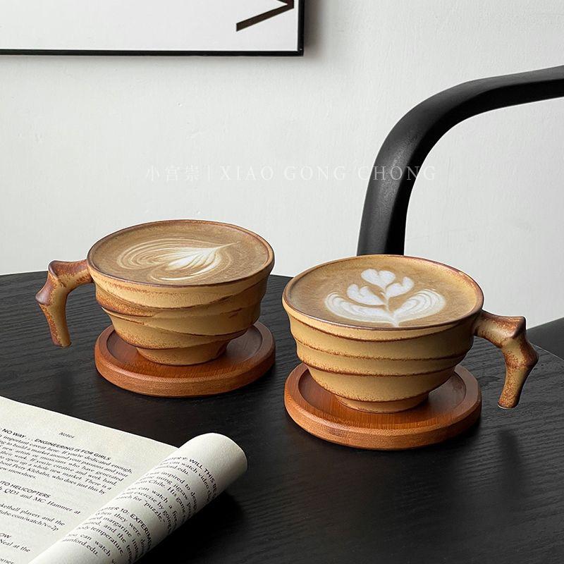 Vintage Ceramic Coffee Mug – Rustic Handmade Latte Cup with Bamboo-Style Design