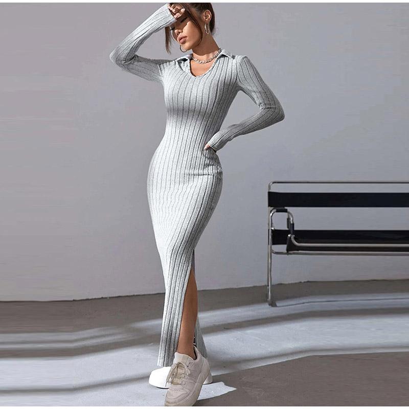 Women's Knit Dress Fall Casual Long Sleeve Lapel Collar Solid Color Bodycon Long Dresses Maxi for Female Going Out Streetwear