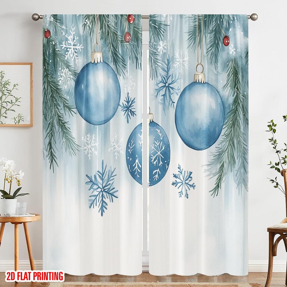2 Stück, 2D-Flachdruck Vorhänge&Fensterdekoration Blau Weihnachtsschmuck Schneeflocken_ein vielseitiger Polyesterstoff (ohne Stange)