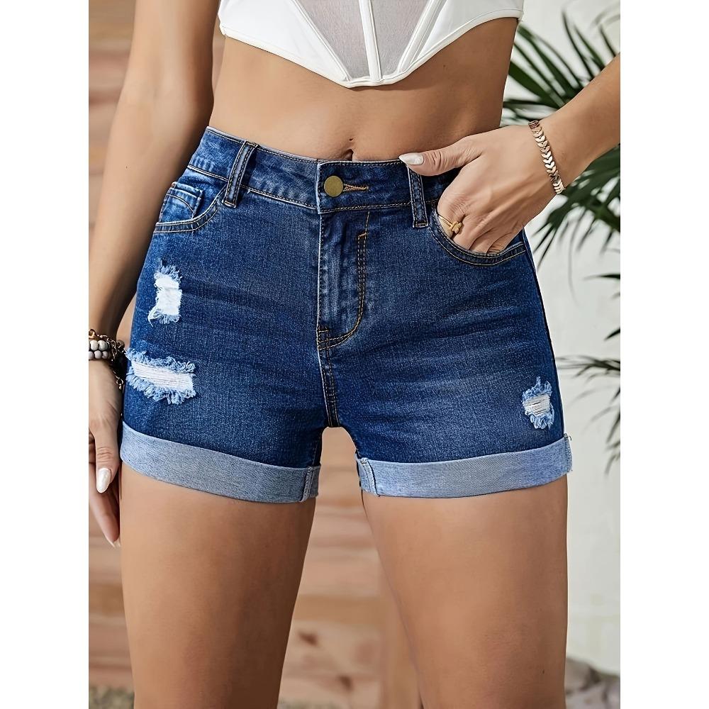 Women s High Waist Straight Leg Shorts Slim Fit Denim Shorts Light Stretch Ripped Cuffed Streetwear Casual Denim Shorts S