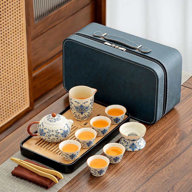 Wrapped Liandehua Ceramic Travel Leather Bag Ru Kiln Tea Set Portable Car Outdoor Kung Fu Tea Set Tea Breaker