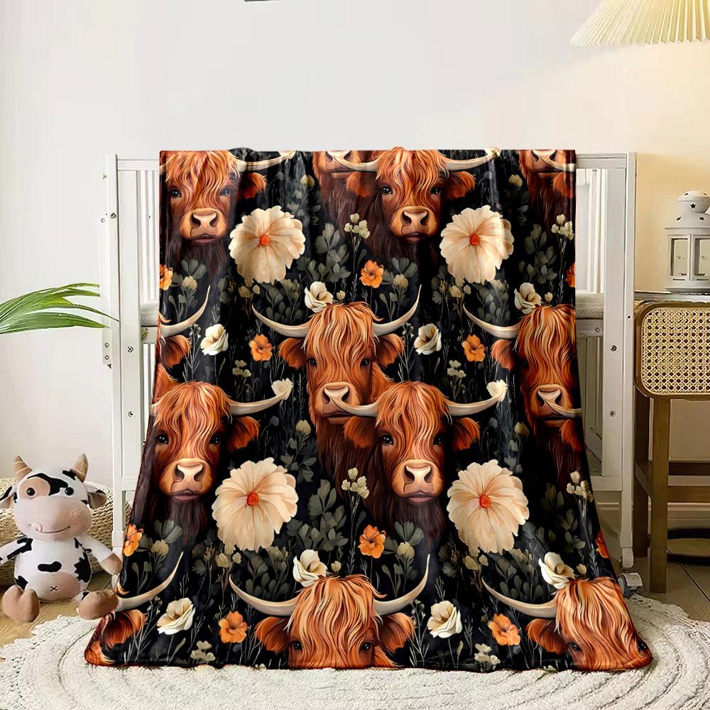 Highland Cow Floral Print Blanket bedroom Blanket for Livingroom Couch lunch break Soft throw for Friend's festival Gift