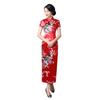 Abito Midi Cheongsam da Donna Cinese a Maniche Corte con Spacco sull'Orlo a Pavone per Banchetto