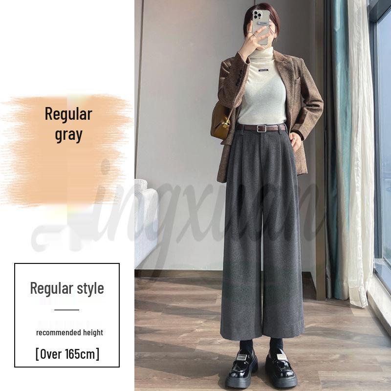 Real Shot 2026 Autumn/Winter Women's Plus Velvet High-Waisted Cropped Woolen Trousers - Straight, Narrow, or Wide Leg Styles