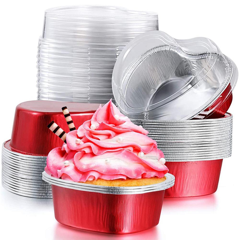 50 Pcs 55ml Tin Foil Aluminum Foil Pudding Cup With Lid Heart-shaped Disposable Mini Mousse Cupcake Containers Baking Mould Red#0