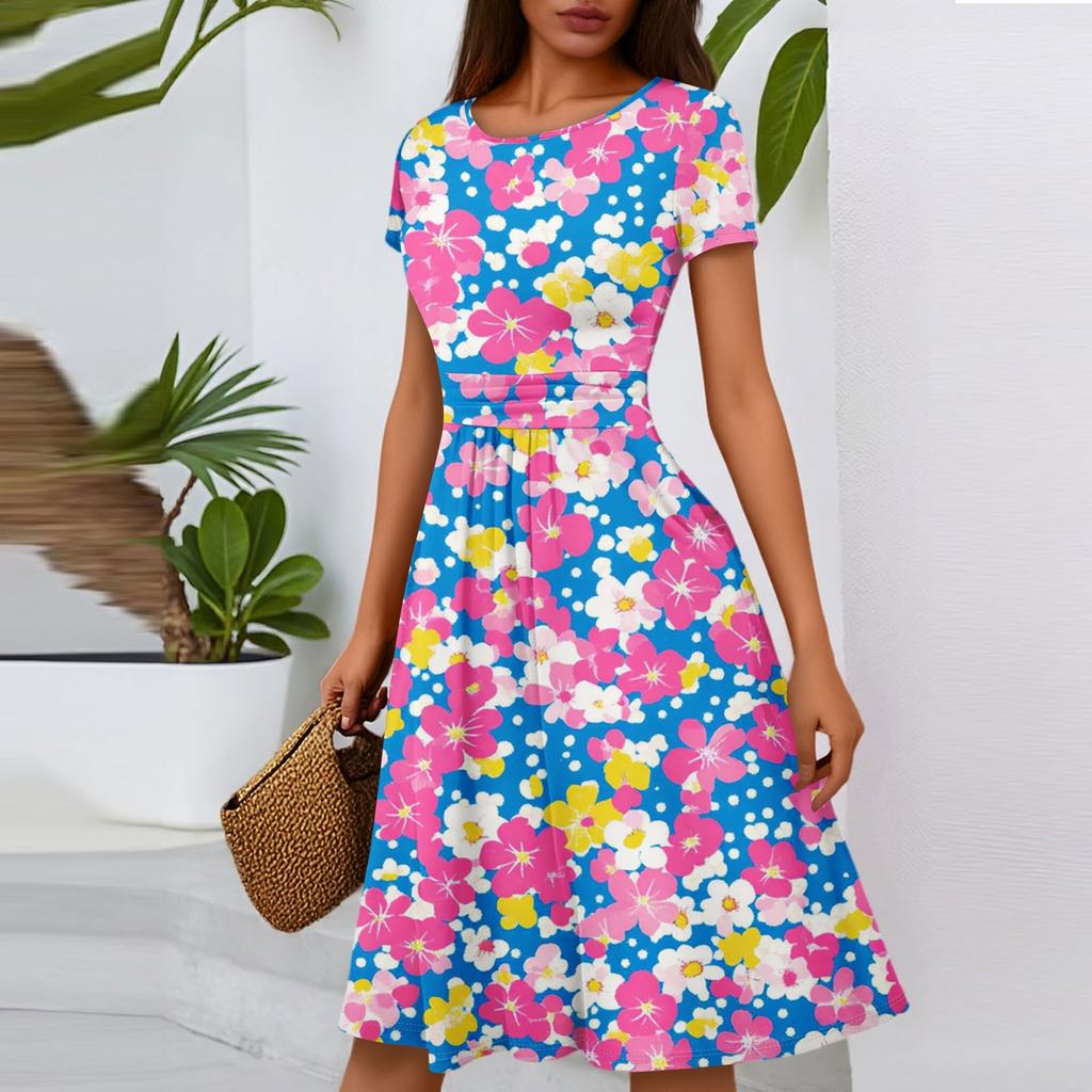 Women's Casual Fashion Round Neck Pleated Short Sleeve Floral Print A-Line Midi Dress