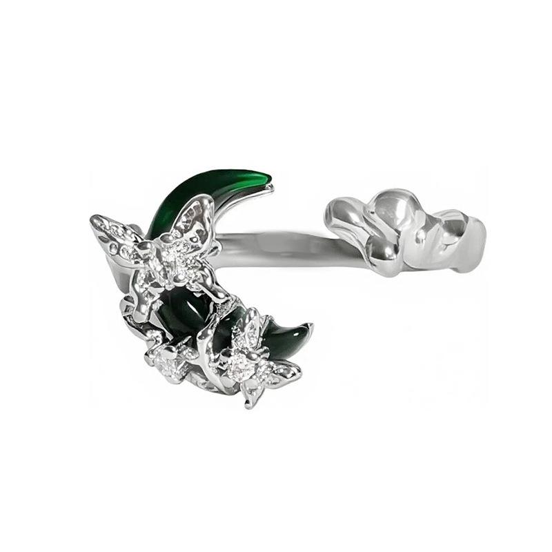 Light Luxury Sweet Cool Wind Red Zircon Moon Four-Leaf Clover Diamond Zir*****Pen Ring Super Fairy Stacked Wearing Niche Ring