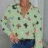 Damen Bluse Modisch Bedrucktes Langarmshirt Schmetterling Bedrucktes Reversshirt