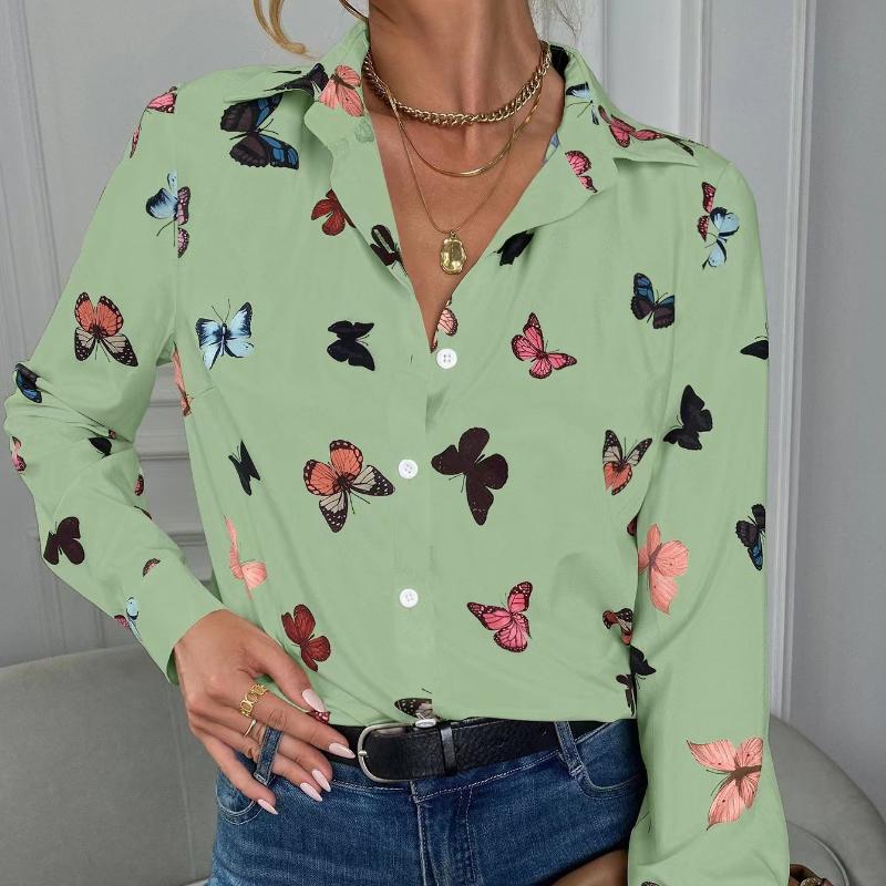Damen Bluse Modisch Bedrucktes Langarmshirt Schmetterling Bedrucktes Reversshirt